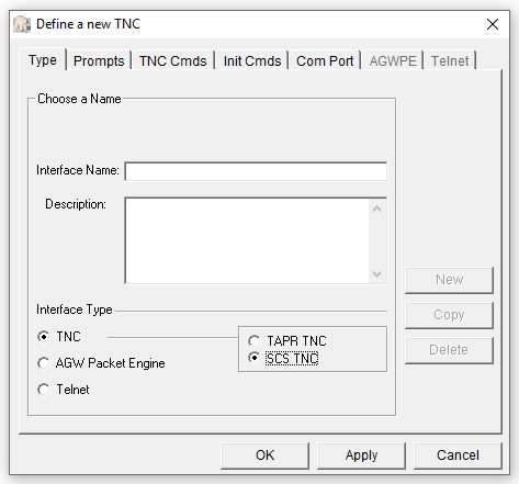Outpost PMM Interface Type setup screen for SCS DSP Tracker TNC