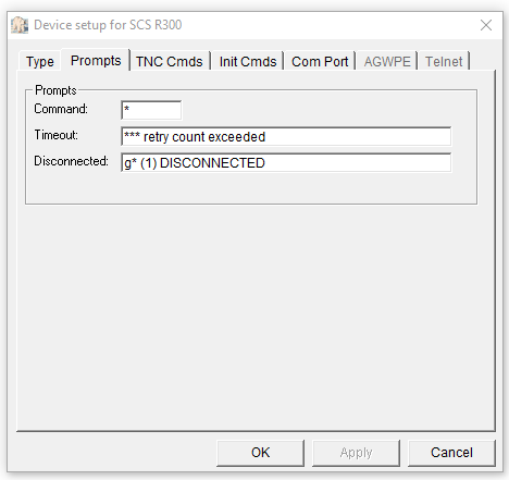 Outpost PMM Interface Prompts setup screen for SCS DSP Tracker TNC