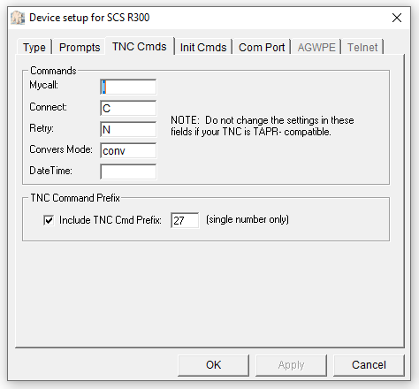 Outpost PMM Interface TNC Cmds setup screen for SCS DSP Tracker TNC