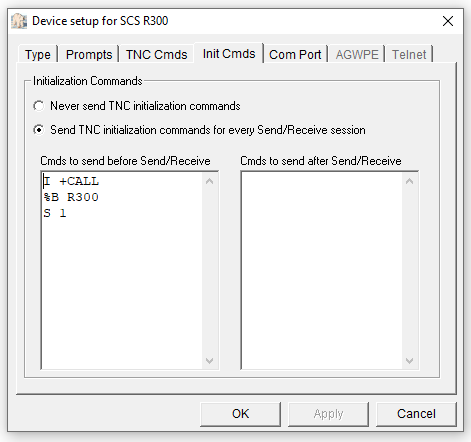 Outpost PMM Interface Init Cmds setup screen for SCS DSP Tracker TNC