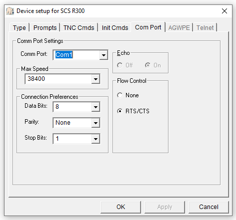 Outpost PMM Interface Com Port setup screen for SCS DSP Tracker TNC