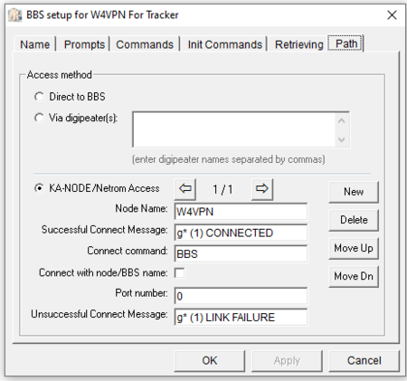 Outpost PMM BBS Path setup screen for SCS DSP Tracker TNC specific to VAPN access